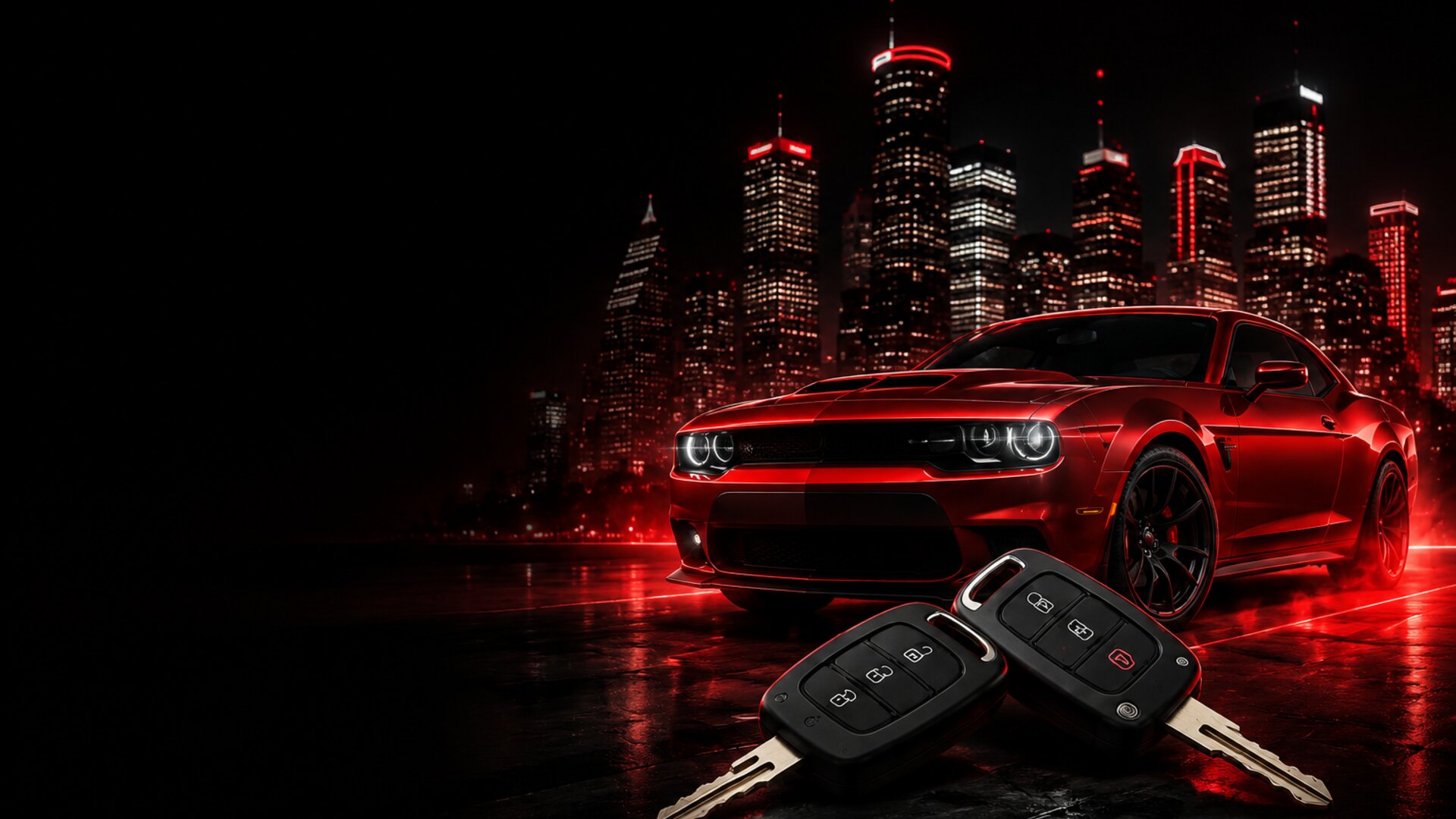 Red performance car with automotive key fobs and Houston night skyline